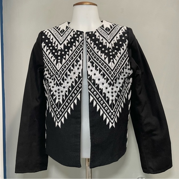H&M Beaded Embroidered Crop Black and White Women Jacket size 4 - Picture 2 of 15